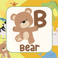 animals alphabet flashcard for toddlers. Learning card introducing letters to children through game card. Cute animal vector design. B for Bear