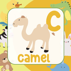 animals alphabet flashcard for toddlers. Learning card introducing letters to children through game card. Cute animal vector design. C for Camel