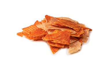 Group of tasty beer snacks. Dehydrated chicken meat slices.