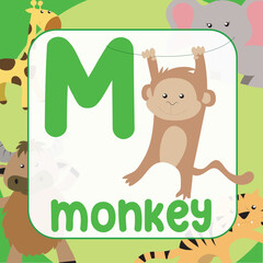 animals alphabet flashcard for toddlers. Learning card introducing letters to children through game card. Cute animal vector design. M for Monkey