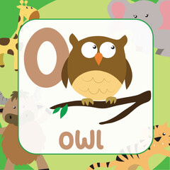 animals alphabet flashcard for toddlers. Learning card introducing letters to children through game card. Cute animal vector design. O for Owl