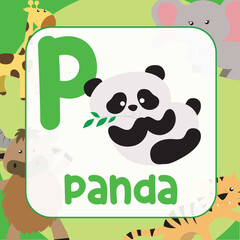 animals alphabet flashcard for toddlers. Learning card introducing letters to children through game card. Cute animal vector design. P for Panda 