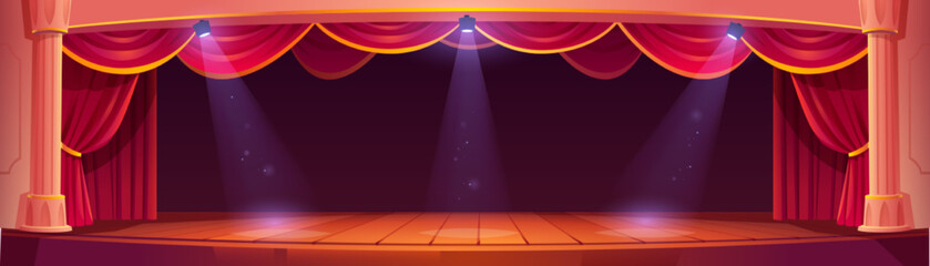 Theater stage interior with red curtains, spotlights, wooden floor and white columns. Empty theatre scene for concert, drama, opera or performance, vector cartoon illustration