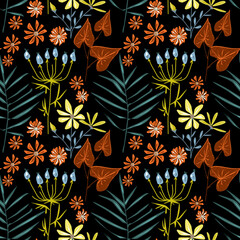 Seamless floral pattern. Orange, yellow, blue flowers on a black background.