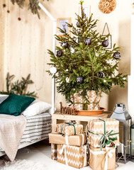 christmas gifts and decorated christmas tree with copy space