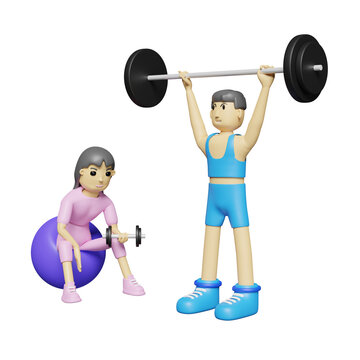 cartoon character fitness man doing deadlifting barbells overhead with woman lifting dumbbell in gym. 3d illustration or 3d render
