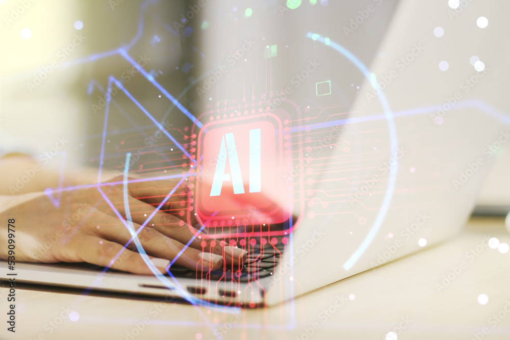 Poster double exposure of creative artificial intelligence abbreviation with hand typing on computer keyboa