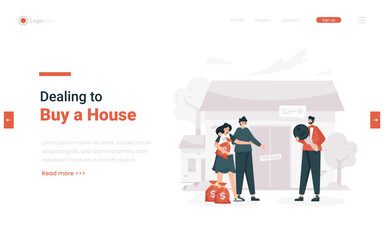 Couple agrees to buy house at realtor illustration on web banner