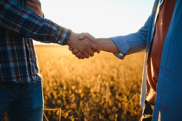 Two farmers shaking hands in soybean field.