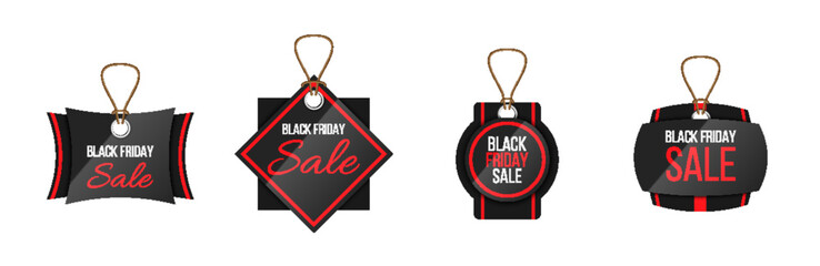 Black Friday sales price tags and labels set. Template mockup of shopping badges realistic isolated
