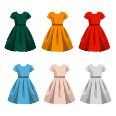 Vector dress red blue green yellow pink gray flat with shadows A silhouette vintage on white background