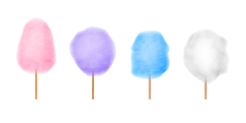 Cotton candy set. Realistic sugar cloud with wooden sticks. Delicious festive sweet treat