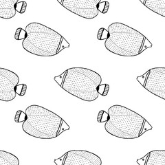 Seamless pattern with fishes. Black and white hand drawn vector illustration. Seamless background. Wallpaper design. Fabric design. Simple vector pattern with cute fishes.