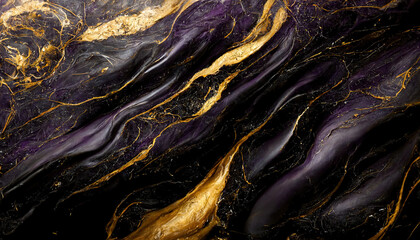 Abstract luxury marble background. Modern digital painting. Gold, black and purple colors. 3d illustration
