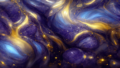 Abstract luxury marble background. Digital art marbling texture. Purple and gold. 3d illustration