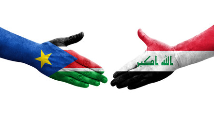 Handshake between Iraq and South Sudan flags painted on hands, isolated transparent image.