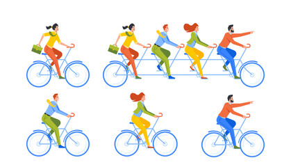 Fototapeta premium Set Of Business People Riding Bike, Colleagues Team Work Together To Goal And Success Achievement Vector Illustration