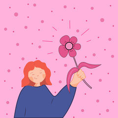 the girl is holding flowers on a pink background. congratulations on the occasion. love. postcard.