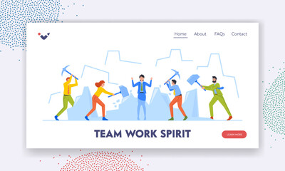 Team Work Spirit Concept Landing Page Template. Business Characters Ice Breaking Activity. People with Sledgehammers - obrazy, fototapety, plakaty