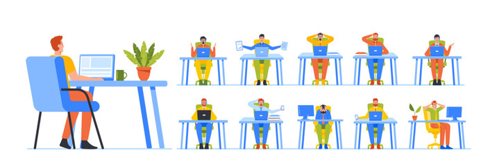 Fototapeta premium Set Office Worker Different Activities And Emotions. Manager Man Sit At Desk Working On Laptop, Speaking, Think, Stress