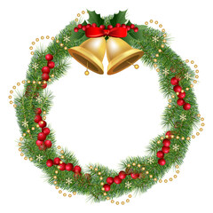 Fototapeta na wymiar traditional festive Christmas wreath decorated with gold decoration, bell, red silk ribbon, bow, holly and mistletoe berries and gold beads