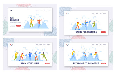 Fototapeta na wymiar Ice Breaking Landing Page Template Set. Business People Holding Pickaxes And Hammers. Characters Breaking Through Crisis