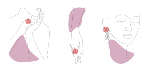 Self care concept. Visit to a Beauty Salon. Set of abstract posters. A woman applies cream on her hands and face. Simple linear illustration.