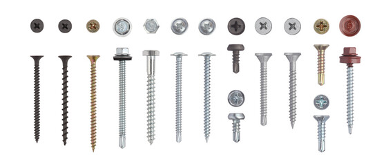 Set steel self-tapping screws, metal black, white, gold color and zinc-aluminum coated, metallic long and small galvanized screw