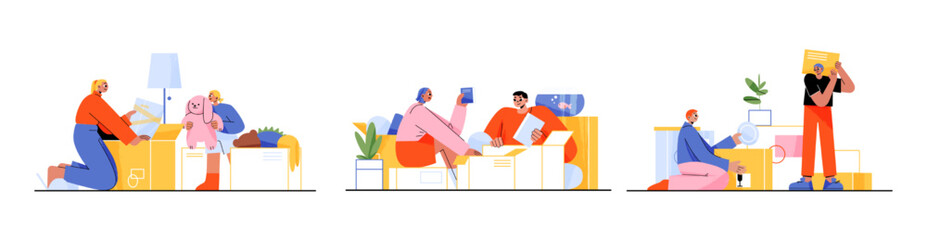 Happy family moving into new house, people relocation. Mother, father and children load, carry boxes and things to home. Characters buying real estate apartments, Line art flat vector illustration