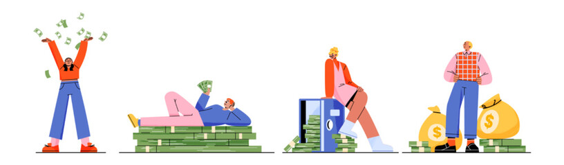 Rich people with money, happy men and women throw dollars in air, relaxing on pile of banknotes, sitting on open safe. Male and female characters with moneys bags, Linear flat vector illustration