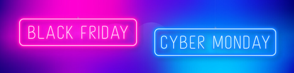 Black Friday and Cyber Monday Sale neon sign. Light banner, bright advertising. Design template for banner, web header, social media.