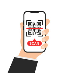 Hand with Phone with Qr code scan. Vector illustration