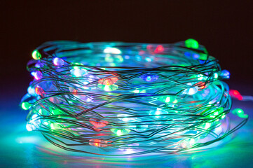 LED string lights. Party holiday christmas decoration lights. Close up christmas LED lighting