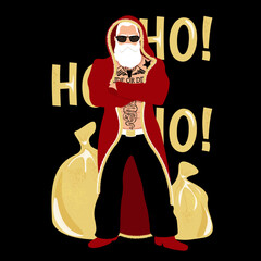 Bad cool old santa claus with tattoos and a beard in a fur coat with a hood. Gold glitter print. Sunglasses, confident posture. Vector illustration. Sack of money