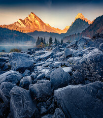 Magnificent autumn scene of Obersee lake, Nafels village location. Spectacular morning scene of Swiss Alps, canton of Glarus in Switzerland, Europe. Beauty of nature concept background. © Andrew Mayovskyy