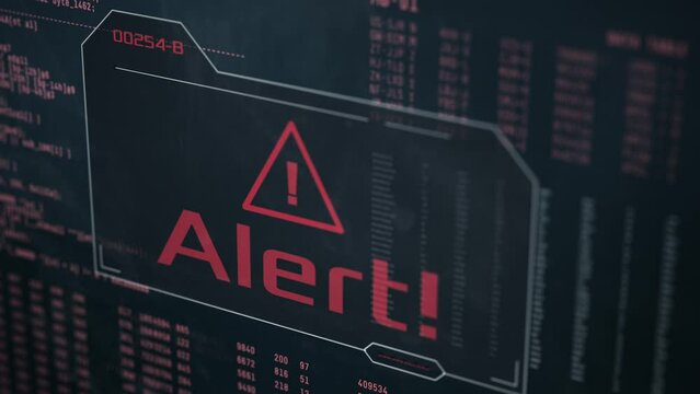 close-up of a dirty computer monitor, random data and code on background, alert message, concept of computer hacking, malware, cyber attack, or generic danger (3d render)