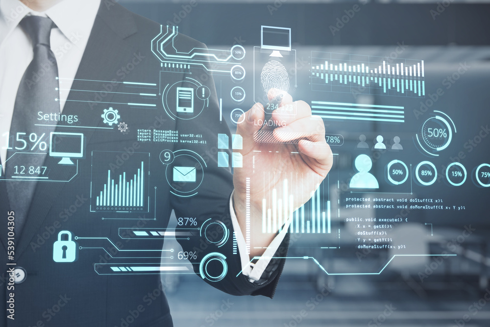 Aufkleber businessperson hand pointing at creative glowing business chart interface hologram on blurry office 
