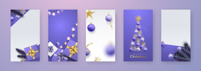 Obraz na płótnie Canvas Christmas and New Year Template for social media stories. Xmas design with realistic gift boxes, balls, snowflakes. Story mockup with free copy space vector illustration.