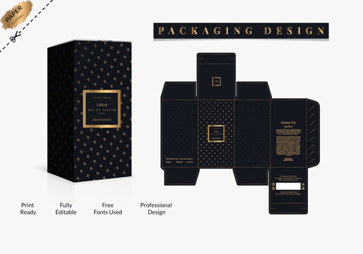 Box, Packaging Die Cut Template For Product vector design with 3D Preview and Perfume Packaging design, luxury box design, Box die line, and Design elements. Illustration Vector design Template.