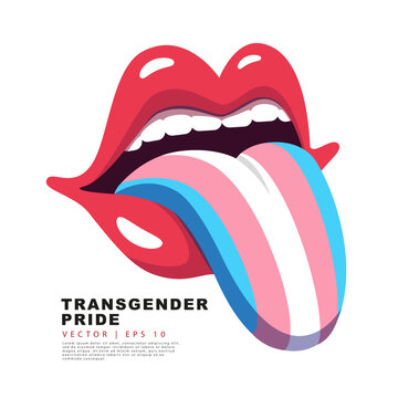 Red lips with a protruding tongue painted in the colors of the transgender pride flag. A colorful logo of one of the LGBT flags. Sexual identification.