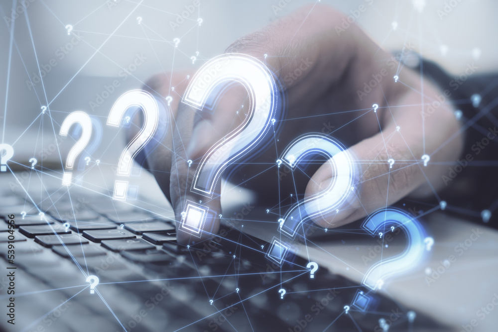 Poster Close up of businessman hand using laptop keyboard with glowing polygonal question mark on blurry background. Ask, confusion and why concept. Double exposure.