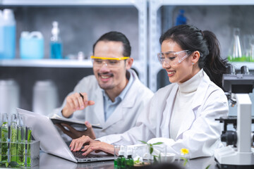 eco skin care beauty products in laboratory development concept, Natural drug research with organic plants and scientific extraction in glassware, Alternative green herb medicine for body health care