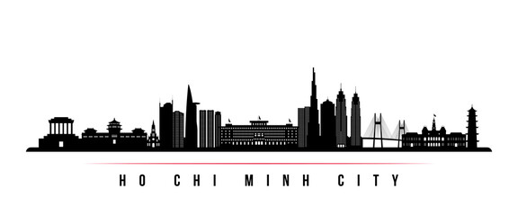 Ho Chi Minh City skyline horizontal banner. Black and white silhouette of Ho Chi Minh City, Vietnam. Vector template for your design. - obrazy, fototapety, plakaty