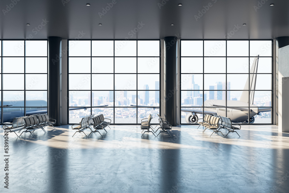 Aufkleber Travel and holidays concept with side view on light empty seat rows in sunlit spacious airport waiting area hall with planes view through panoramic windows and concrete floor. 3D rendering