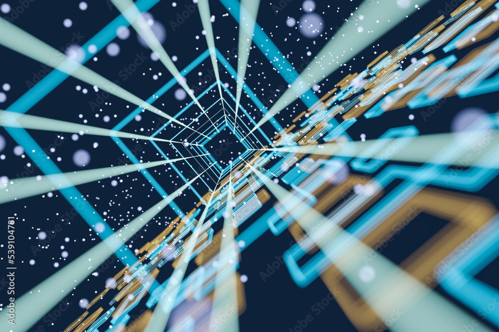 Poster Time machine concept with abstract background with tunnel effect of bright and blurred dots and squares on dark backdrop. 3D rendering