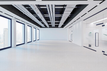 Modern white light glass office interior with industrial ceiling and windows with city view. 3D Rendering.