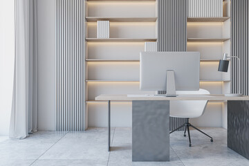 Fototapeta na wymiar Creative concrete and wooden stylish designer office interior with furniture, computer monitor, bookcase shelves. 3D Rendering.