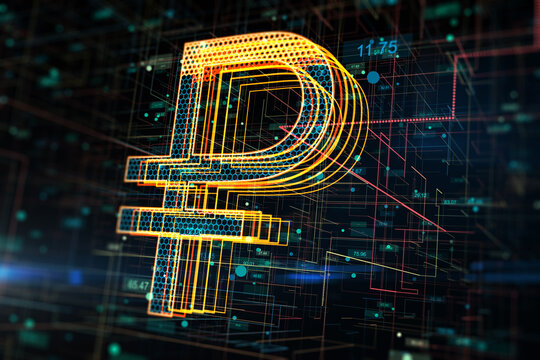 Digital currency and money concept with graphic russian ruble symbol with honeycombs inside on abstract dark technological background. 3D rendering