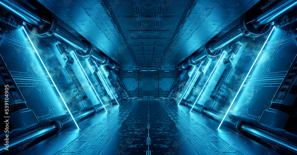 Aufkleber blue spaceship interior with neon lights on panel walls. futuristic corridor in space station backgr