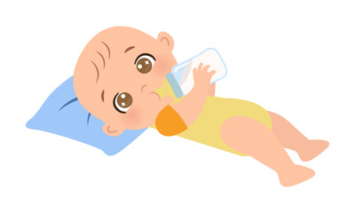 Cute baby drinking milk from bottle. Flat vector cartoon design